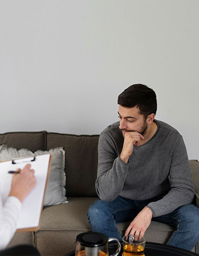 Man sitting on couch and looking away while therapist makes notes